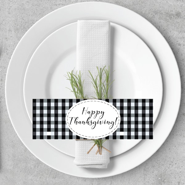 Printable Checkerboard Napkin Rings, Buffalo Check Napkin Ring, Paper Napkin Rings, Black Napkin Ring, Paper Silverware Holder