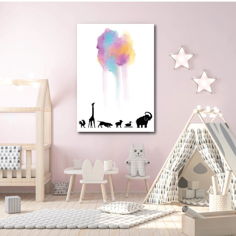 May include: A watercolor painting of a colorful cloud with raindrops falling from it. Below the cloud are black silhouettes of animals, including a giraffe, a dog, a sheep, a duck, and an elephant.