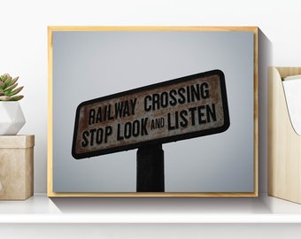 Printable Train Art, Train Artwork, Train Photography, Printable Train Photo, Train Wall Decor, Railroad Wall Art, Railway Crossing Sign