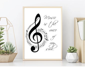 Instant Digital Download, Music is the Voice of the Soul, Music Printable, Music Wall Decor, Music Wall Art, Printable Music Quote, Music