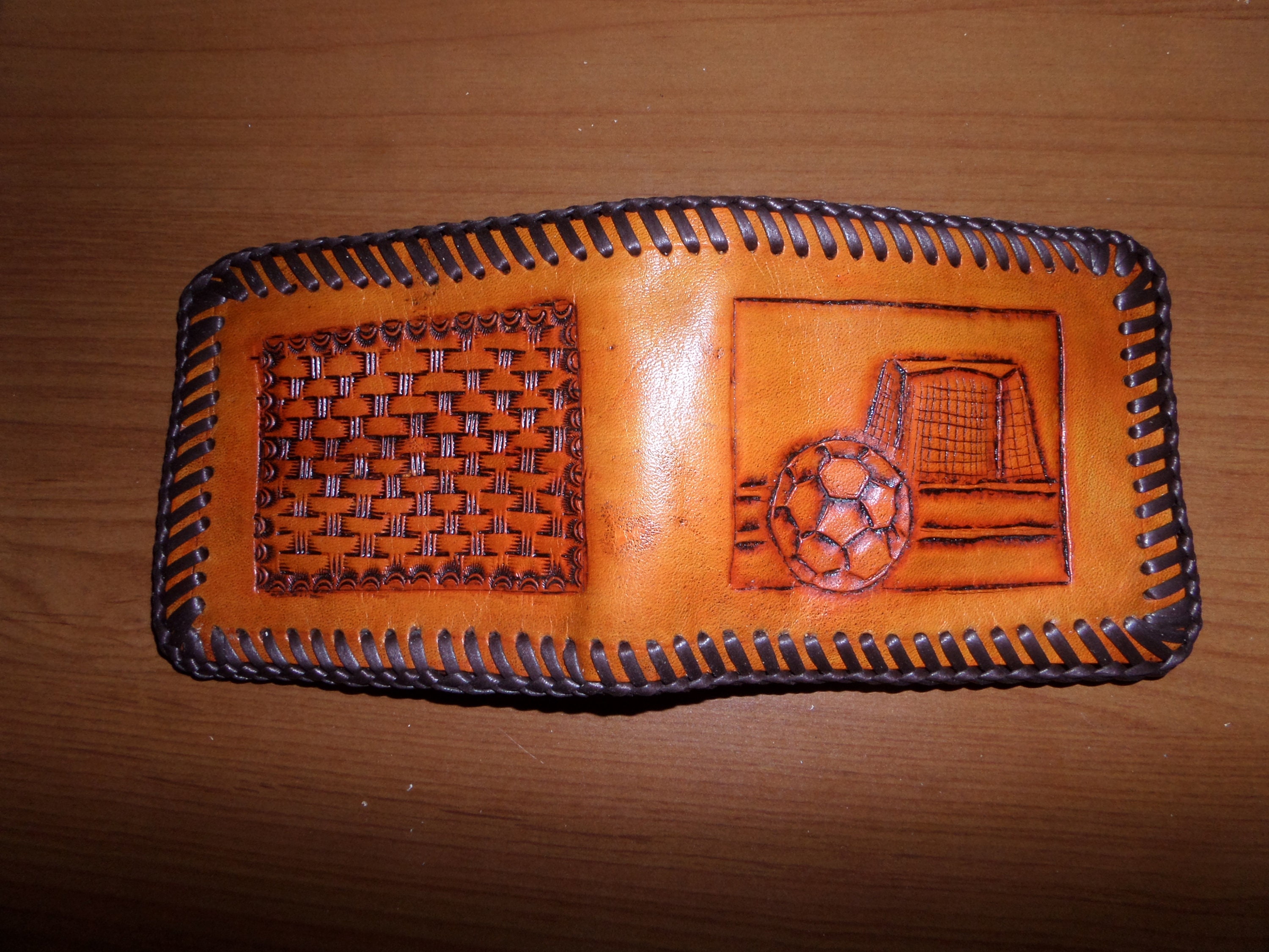 Leather carved & tooled sports wallet Soccer design Etsy
