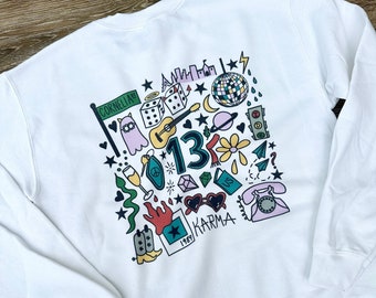 13 Eras Song Lyric, Song Title Inspired Doodle Drawing White Crewneck Sweatshirt