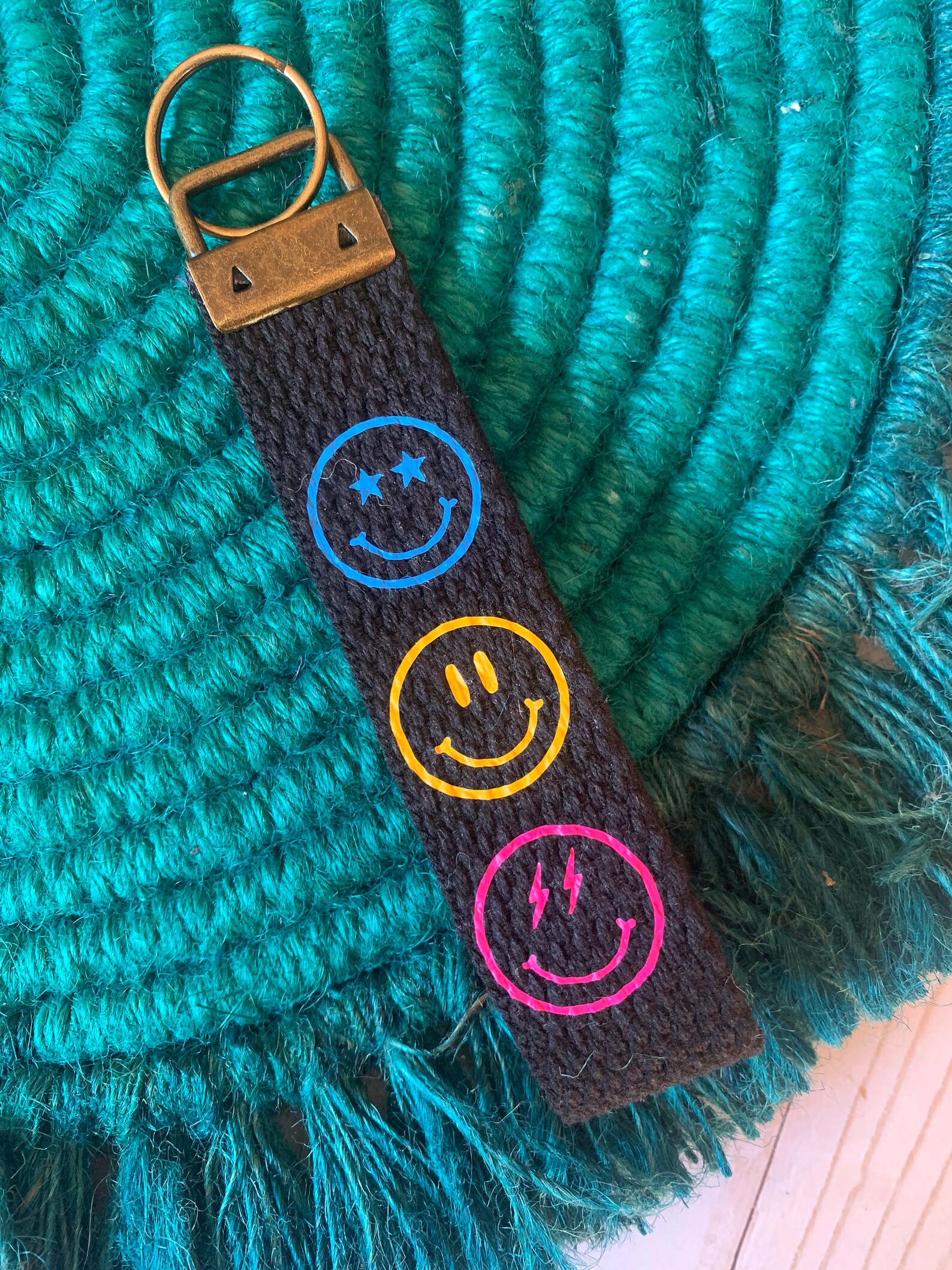 Smiley Face Keychain Wristlet on Black Material / Key Fob/ Etsy