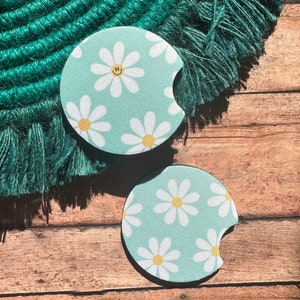 Car Coasters - Daisy with smiley face design blue and white