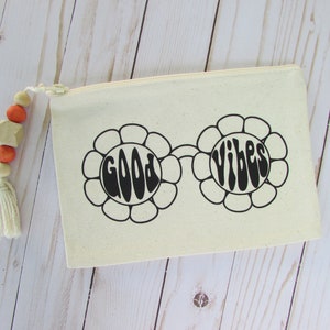 Canvas Pouch Bag with Wooden Bead Tassel Zipper - Good Vibes Flower Sunglasses