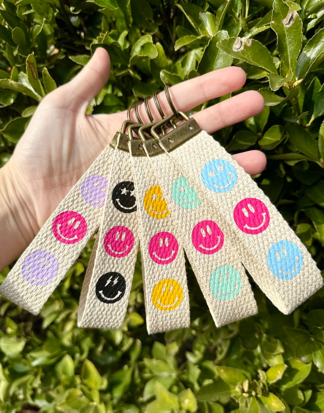 Smiley Face Keychain Wristlet Filled in Smiley Faces / Key Fob / Smiley