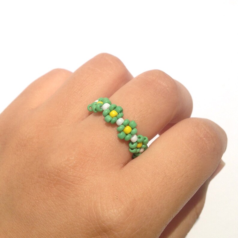 Green bead flower ring bead ring flower bead ring seed Etsy