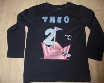 Ship maritim paper ship boat birthday shirt resewn handmade