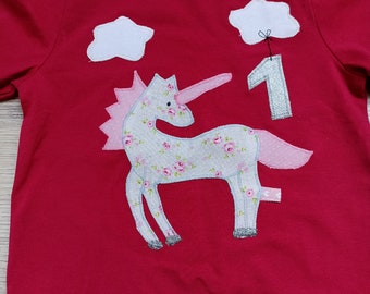 Shirt Geburtstagsshirt Einzelstück fertig 1, Einhorn Glitzer Regenbogen 80/86 pink