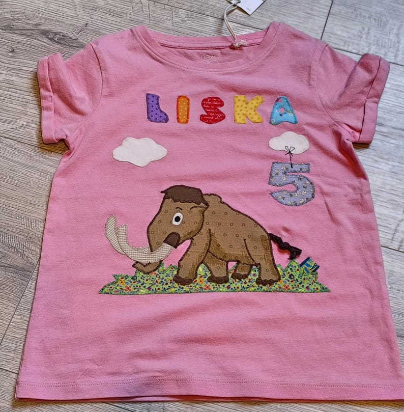 May include: Pink short-sleeved t-shirt with an embroidered woolly mammoth design. The name "LISKA" is spelled out in colorful letters above the mammoth, with the number "5" below a cloud. A tag is attached to the shirt.