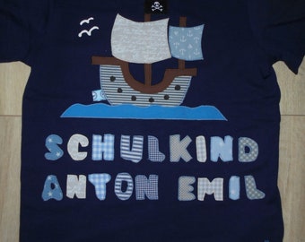 Shirt Applikation   Einschulung Schulkind Piraten Schiff maritim benäht