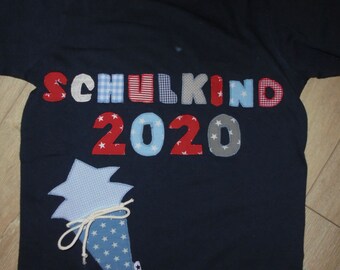 Shirt Applikation  Einschulung Schulkind Sterne benäht  Zuckertüte Schultüte 2022 wunschshirt