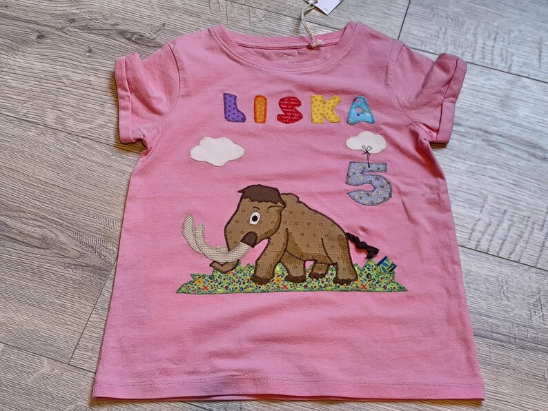 May include: Pink t-shirt with the name "LISKA" in colorful letters and a cartoon mammoth applique. The number "5" is also appliqued on the shirt, along with two white cloud appliques.