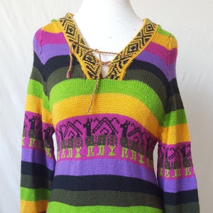 Hooded Sweater Top Ethnic Mexican Woven Acrylic Hippie Boho Shirt Small/Medium