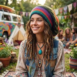 May include: A multi-colored crochet beanie worn with a denim vest over a patterned long-sleeve shirt. The outfit includes layered necklaces with a turquoise pendant and a crystal, multiple beaded bracelets, and a mug with a peace sign symbol.