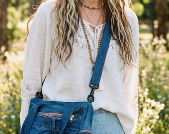 Upcycled Jean Bag • Handmade Recycled Denim Purse with Zippers • Eco-Friendly Daily Shoulder Bag Crossbody Detachable Strap