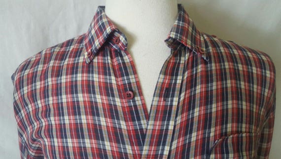 Mens Plaid Shirt 70's Checkered Large Poly/Cotton… - image 5