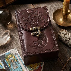 May include: A rectangular dark brown box with a hinged lid featuring an embossed sun and crescent moon design. The box is secured with a metallic latch. The surface displays intricate decorative borders and a smooth, polished finish.