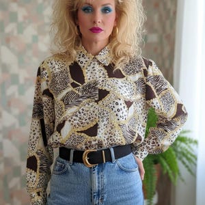 Vintage 80s BonWorth Secretary Blouse with Shoulder Pads | Animal Print Mixed Patchwork Pattern Button Up Shirt | Retro 1980s Office Wear L
