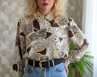 Vintage 80s BonWorth Secretary Blouse with Shoulder Pads | Animal Print Mixed Patchwork Pattern Button Up Shirt | Retro 1980s Office Wear L
