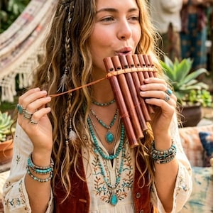 May include: A woman playing a wooden pan flute, wearing a white embroidered top, a brown vest, and turquoise jewelry. Her hair is adorned with braids and feathers, creating a bohemian aesthetic. The scene is set outdoors with greenery in the background.