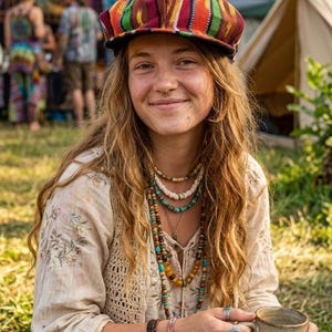 May include: A woman wearing a colorful patterned hat, layered necklaces, and a cream-colored top with floral embroidery. She holds a mug with a peace sign, embodying a bohemian or festival style. The background includes a tent and other people.