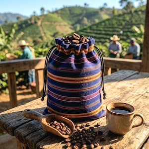 May include: A blue and striped drawstring bag filled with coffee beans sits on a wooden table. A wooden scoop holds more beans, with a cup of coffee nearby. The background shows a coffee plantation.