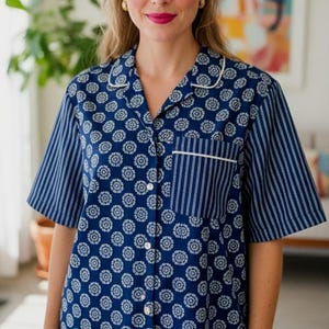 1980s Padded Shoulder Blouse - Piped Collar Short Sleeve Button Up - Blue Floral/Geometric Pattern - Patchwork Print Pajama Style