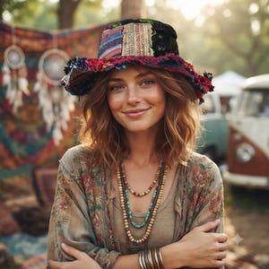 May include: A wide-brimmed bucket hat featuring a patchwork design with multicolored fabric strips and frayed edges. The hat is worn with a floral patterned long-sleeve top, layered beaded necklaces in turquoise and brown, and stacked metal bracelets.