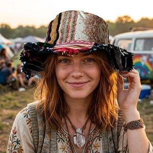 May include: A colorful patchwork hat with a wide brim. The hat features various patterns and textures, including stripes and floral designs. The hat is worn by a person with long, reddish-brown hair. The person is wearing a cream-colored embroidered top and a crystal pendant.