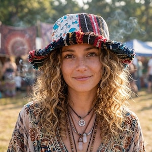 Cotton Patchwork Bucket Hat  Quirky Handmade  Multicolor Cotton Summer Cap Boho Hippie Accessory