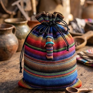 Peut inclure: Une pochette à cordon en tissu tissé avec des rayures horizontales aux couleurs vives, notamment bleu, rouge, orange et violet. Une petite figurine de poupée artisanale avec un col turquoise est fixée sur le devant du sac.