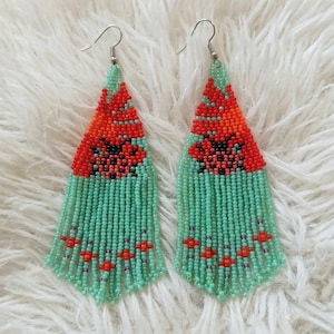 Beaded Ladybug Earrings, Turquoise Seed Bead Fringe Earrings, Handmade Insect Jewelry, Boho Dangle Earrings, Gift for Bug Lovers