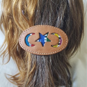 Leather Barrette Handmade Guatemalan Fabric Hair Clip