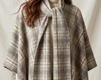Split Wool Cape: Mexican Artisan Handmade Boho Chic Attached Scarf Cozy Poncho