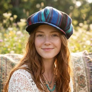 Guatemalan Boho Hippie Newsboy Cap Handwoven Multi-color Funky Patchwork Ethnic Cotton Hat