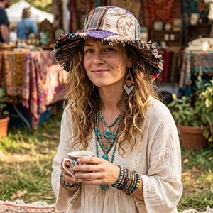 May include: A woman wearing a patterned hat, earrings, and layered turquoise necklaces. She is holding a patterned teacup and wearing multiple bracelets. The woman is sitting outdoors, with a market in the background.