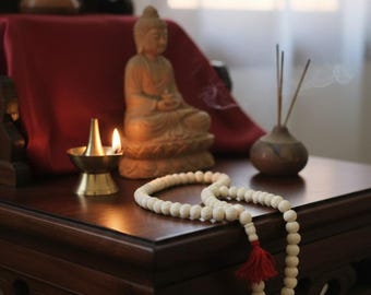 Tibetan Mala Beads: 108-Piece Prayer Necklace for Meditation and Chanting, Hand Carved Bone