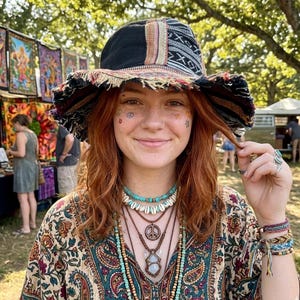 May include: A woman wearing a black and patterned hat with a fringed brim, a paisley patterned top, and multiple necklaces. The necklaces include turquoise beads, shells, and a peace sign pendant. Her wrists are adorned with bracelets. The background shows market stalls.