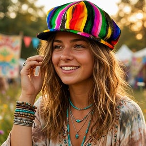 May include: A colorful, striped newsboy cap in shades of red, orange, yellow, green, blue, and purple. The cap is worn with layered turquoise necklaces and bracelets. The overall aesthetic is bohemian and vibrant.