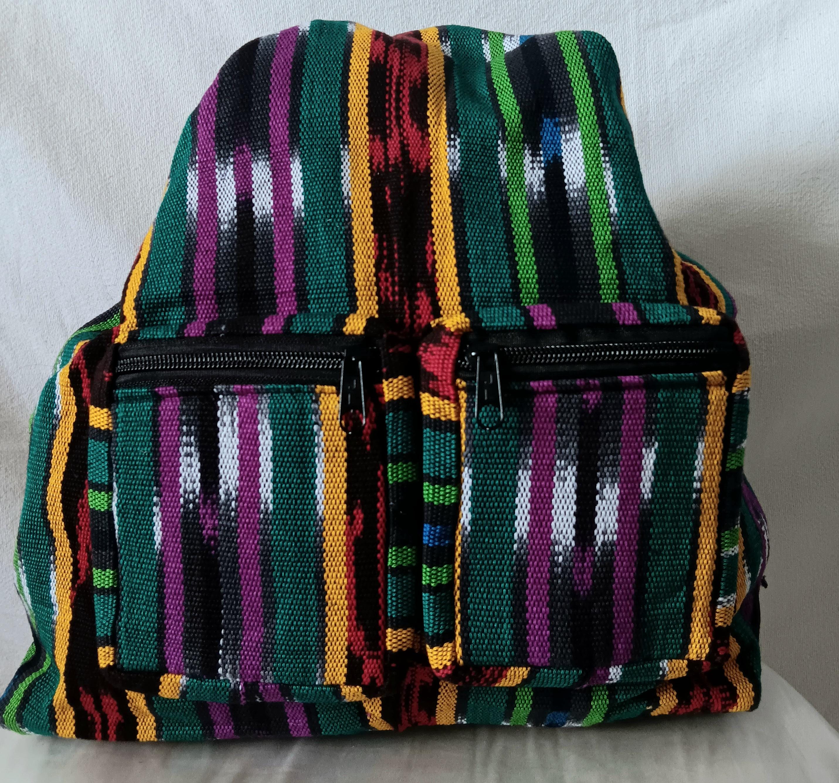 Colorful Guatemalan Cotton Backpack 2 Pocket Zipper Closure 