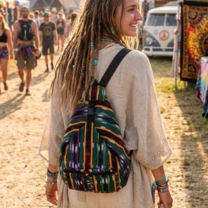 May include: A teardrop-shaped sling backpack featuring a vibrant vertical striped pattern in shades of green, yellow, purple, and black. The bag has a single black shoulder strap with a plastic buckle closure and two small zippered front pockets.