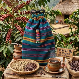 May include: A teal and striped drawstring bag with a small doll attached, alongside a cup of coffee, coffee beans, and a sign that reads "Café de la Región, 100% Arábica". The scene is set outdoors with coffee plants.