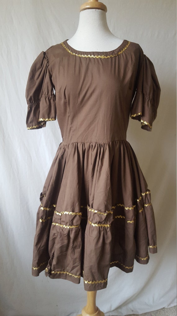 Square Dance Dress Puffy Sleeves Brown Poly/Cotton