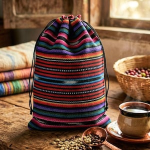 May include: A colorful drawstring bag with horizontal stripes in red, black, blue, purple, and green. The bag is on a wooden surface with coffee beans, a copper scoop, and a cup of coffee. A woven basket and folded textiles are in the background.
