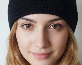 Black Skull Cap Crochet Boho Hippie Hat Handmade Kufi Woven Beanie S/M