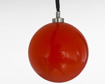 Mid Century Red Glass Pendant Light/ Opaline Glass/ Ceiling Lamp/ Vintage Pendant Ball Lamp/ SpaceAge/ 1960&#39;s/ Adjustable Cord/ Emi Poljčane
