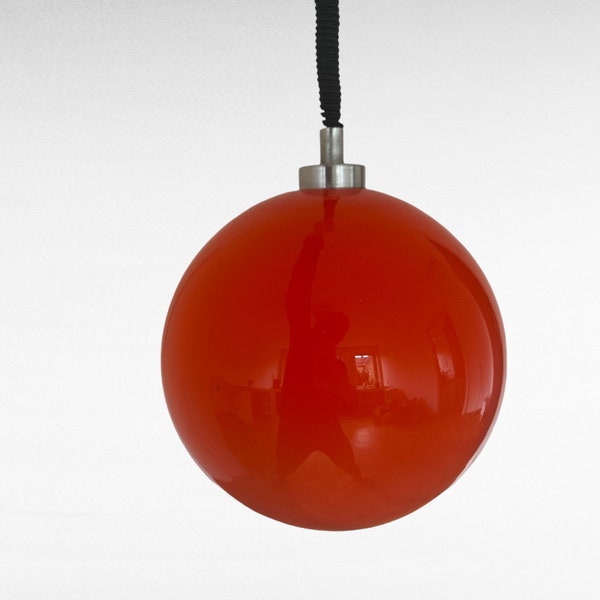 Mid Century Red Glass Pendant Light/ Opaline Glass/ Ceiling Lamp/ Vintage Pendant Ball Lamp/ SpaceAge/ 1960's/ Adjustable Cord/ Emi Poljčane