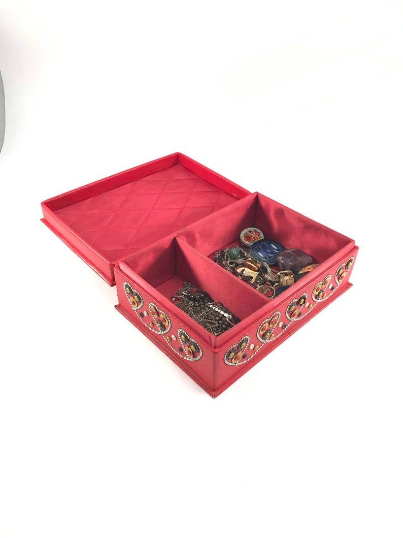 Vintage Jewelry Box // Red Leather Storage Box // Trinket Box Etsy