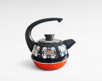 Vintage Black-Orange Enamel Teapot, Tea Pitcher, Gorica, Made In Yugoslavia, 70's, Teamaker, Kitchen&Dining, Tea Sets